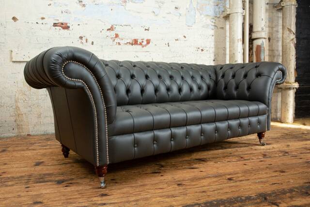 British Handmade 3 Seater Grey Steel Leather Chesterfield Sofa - image 1