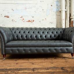 British Handmade 3 Seater Grey Steel Leather Chesterfield Sofa - thumbnail 2