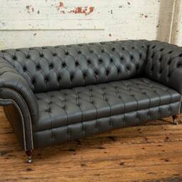 British Handmade 3 Seater Grey Steel Leather Chesterfield Sofa - thumbnail 3