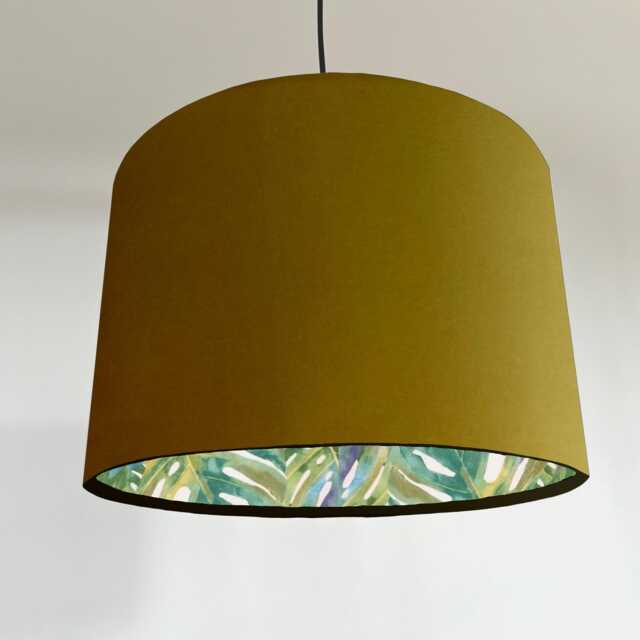 Mustard Velvet Drum Lampshade Leaves Interior, Double Sided - image 1