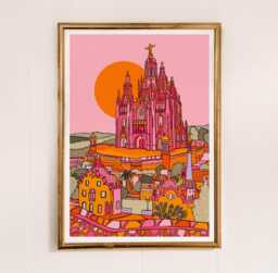 Barcelona Travel Art Print Pink Cityscape Illustration - thumbnail 1