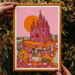 Barcelona Travel Art Print Pink Cityscape Illustration - thumbnail 3