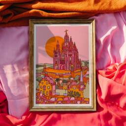 Barcelona Travel Art Print Pink Cityscape Illustration - thumbnail 2