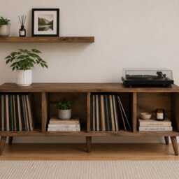Solid Wood Vinyl Record Storage Cabinet - Lp Unit Player Stand Handmade Media Console Rustic Hifi - thumbnail 4