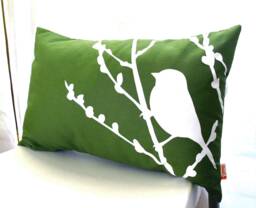Grass Green Bird On Cherry Blossom Rectangle Pillow - thumbnail 1