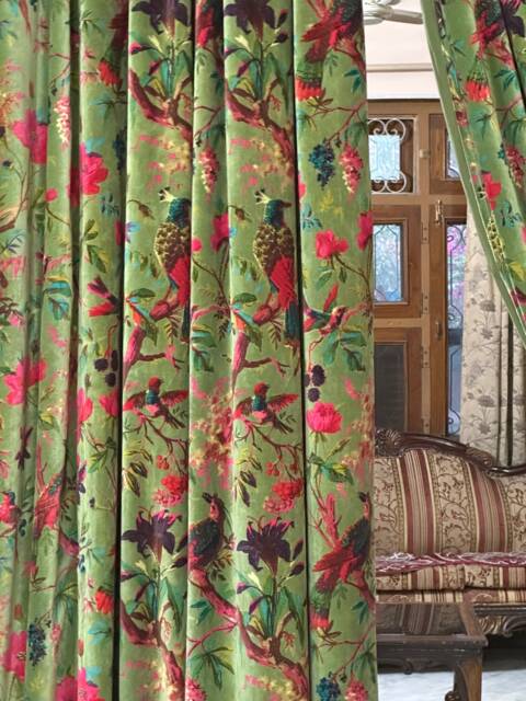 Handmade Olive Bird Print Cotton Velvet Curtains - Luxury Custom Drapery - image 1