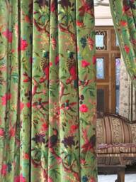 Handmade Olive Bird Print Cotton Velvet Curtains - Luxury Custom Drapery