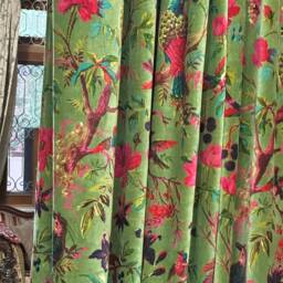 Handmade Olive Bird Print Cotton Velvet Curtains - Luxury Custom Drapery - thumbnail 2