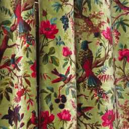 Handmade Olive Bird Print Cotton Velvet Curtains - Luxury Custom Drapery - thumbnail 3