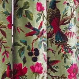 Handmade Olive Bird Print Cotton Velvet Curtains - Luxury Custom Drapery - thumbnail 4