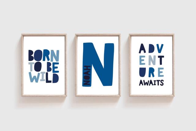 Set Of 3 Boys Bedroom Prints, Adventure Awaits, Blue Nursery Wall Art, Decor, Playroom Boy Art - image 1