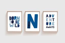 Set Of 3 Boys Bedroom Prints, Adventure Awaits, Blue Nursery Wall Art, Decor, Playroom Boy Art - thumbnail 1