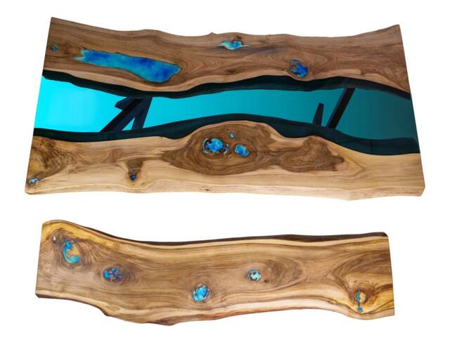 Double Live Edge River Dining Table With Bench Glass & Glowing Resin Fill In - image 1