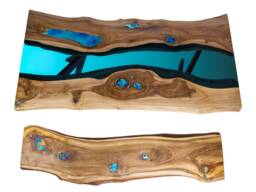 Double Live Edge River Dining Table With Bench Glass & Glowing Resin Fill In - thumbnail 1