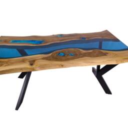 Double Live Edge River Dining Table With Bench Glass & Glowing Resin Fill In - thumbnail 4