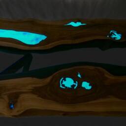 Double Live Edge River Dining Table With Bench Glass & Glowing Resin Fill In - thumbnail 2