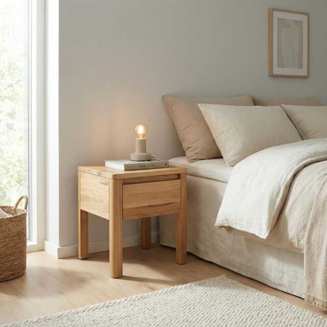 Wooden Bedside Table in Japandi Scandinavian Style, Rustic Side Nightstand For Bedroom Or Sofa End - image 1