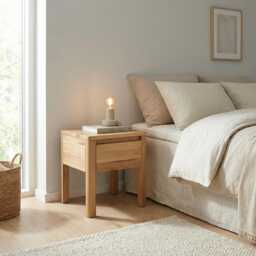 Wooden Bedside Table in Japandi Scandinavian Style, Rustic Side Nightstand For Bedroom Or Sofa End