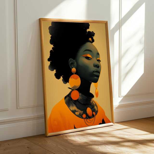 Afrocentric Woman Art Print Orange, Black & Gold Boho Decor - Poster Only - image 1