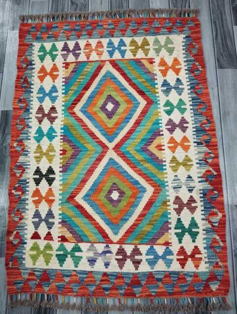 Kilim Rug, Handmade Artisan Afghan Turkish Scandinavian Navajo Bohemian Flatweave Natural Wool Multicolour Rug 124x89 cm - image 1