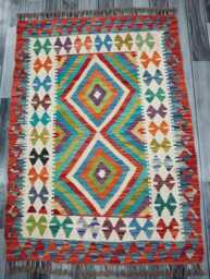 Kilim Rug, Handmade Artisan Afghan Turkish Scandinavian Navajo Bohemian Flatweave Natural Wool Multicolour Rug 124x89 cm - thumbnail 1