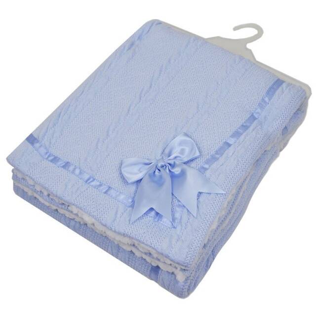 Personalised Baby Blanket, Embroidered, Cable Knit With Bow & Sherpa , Personalized Baby Gift, Blue