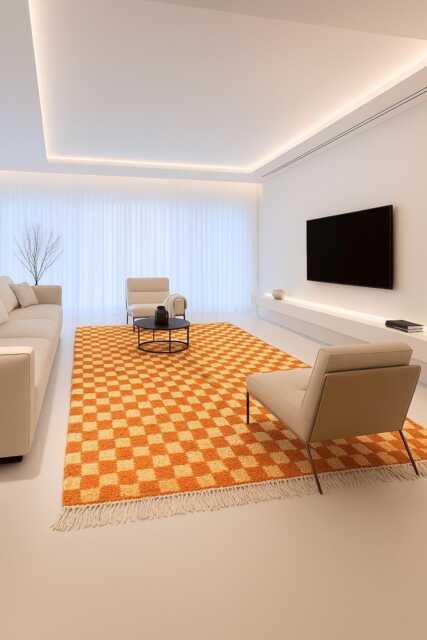 Handmade Orange Checkered Wool Rug Moroccan Berber Area Rug - image 1