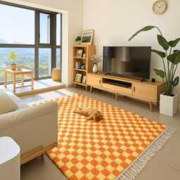 Handmade Orange Checkered Wool Rug Moroccan Berber Area Rug - thumbnail 2
