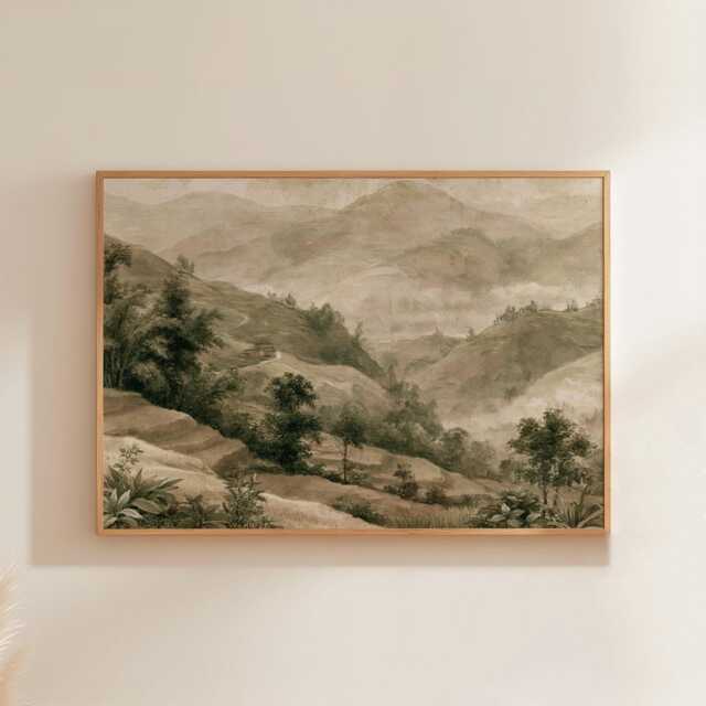 Green Mountain Poster, Misty Valley Print, Landscape Wall Art, Paper - image 1
