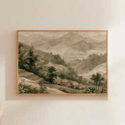 Green Mountain Poster, Misty Valley Print, Landscape Wall Art, Paper - thumbnail 1