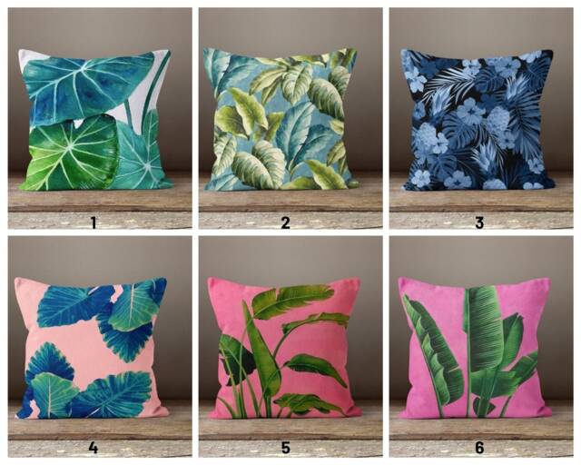 Tropical Leaves Plants Cushion Cover/Monstera Palm Trees Pillowcase/Blue Greenplants Pillow Cover/Housewarming Pillow/Summer Trend - image 1