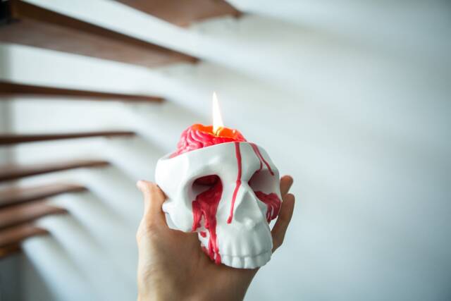 Human Brain Candle in Skull Holder, Halloween Decor - image 1