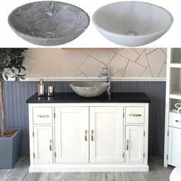 Off White Painted Bathroom Single Vanity Unit 123cm Wide With Black Quartz Top & Marble Basin 402Pbqsbcx1 - thumbnail 1