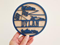 Small Racing Cars Name Sign For Kids Bedroom, Mini Personalised Nursery Door Plaque, Vehicle Theme Baby Room Decor, Wood Transport Wall Art
