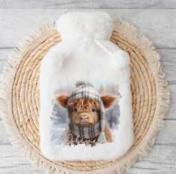 Personalised Hot Water Bottle, Christmas Gift Ideas, Highland Cow Image - thumbnail 1