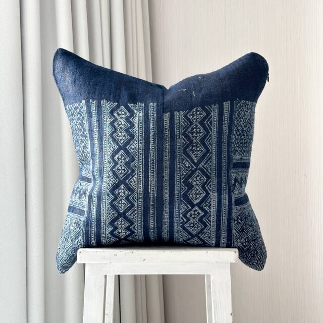 Indigo Hemp Pillow Cover. Hand Block Print Fabric. Vintage Textile. Cushion Cover - image 1