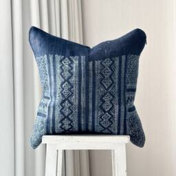 Indigo Hemp Pillow Cover. Hand Block Print Fabric. Vintage Textile. Cushion Cover - thumbnail 1