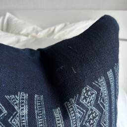 Indigo Hemp Pillow Cover. Hand Block Print Fabric. Vintage Textile. Cushion Cover - thumbnail 3