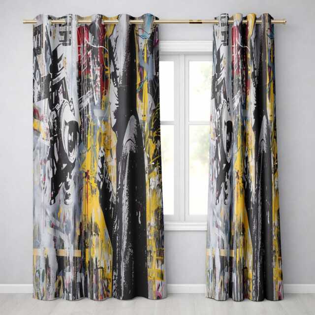 Masked Cameraman Yellow Grey Urban Collage Contemporary Artwork For Bedroom Decor Readymade Eyelet Ring Top Thermal 100% Blackout Curtains - image 1