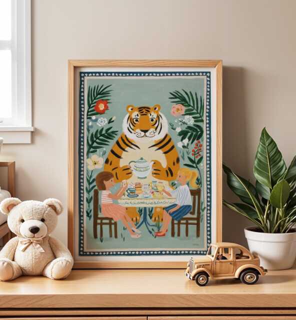 Tiger Tea Party Nursery Print, Whimsical Kids Room Decor - image 1