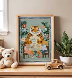 Tiger Tea Party Nursery Print, Whimsical Kids Room Decor - thumbnail 1