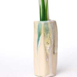 Handmade Ceramic Candle Holder White & Green Magma Glaze Decor - thumbnail 2