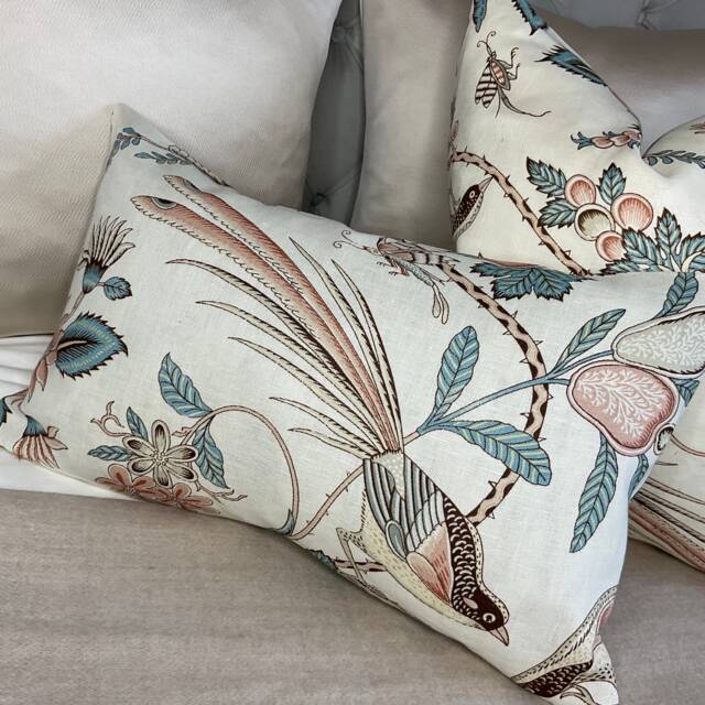 "Linen Schumacher Campagne Peacock & Rouge - French Floral Design Cushion Cover, Pillow Throw 12"" X 20" - image 1