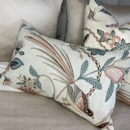 "Linen Schumacher Campagne Peacock & Rouge - French Floral Design Cushion Cover, Pillow Throw 12"" X 20" - thumbnail 1