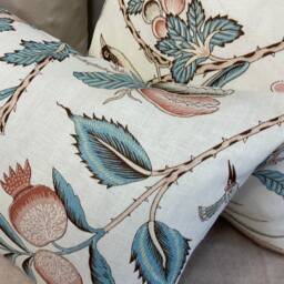 "Linen Schumacher Campagne Peacock & Rouge - French Floral Design Cushion Cover, Pillow Throw 12"" X 20" - thumbnail 3