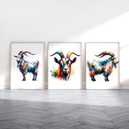 Colourful Goat Poster Set - 3 Prints - Watercolour Print Paintings Watercolor Goats Gifts Artwork Decor Animal Wall Art - thumbnail 1