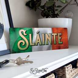 Sl??inte Flag Metal Sign Horizontal - Vintage Worn Look Print Slainte Mhaith Bar Pub Cheers Irish Ireland Silver/White - thumbnail 1