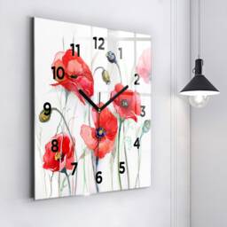 Painted Red Poppies Glass Clock, Printed Art Modern Wall Custom Numbers Or Lines