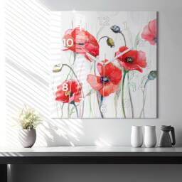 Painted Red Poppies Glass Clock, Printed Art Modern Wall Custom Numbers Or Lines - thumbnail 3