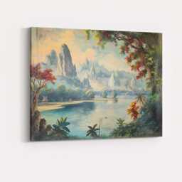 Serene Oriental Mountain Lake Scenic Landscape Traditional Style Canvas Wall Art Print Decor Picture Ready To Hang - thumbnail 4